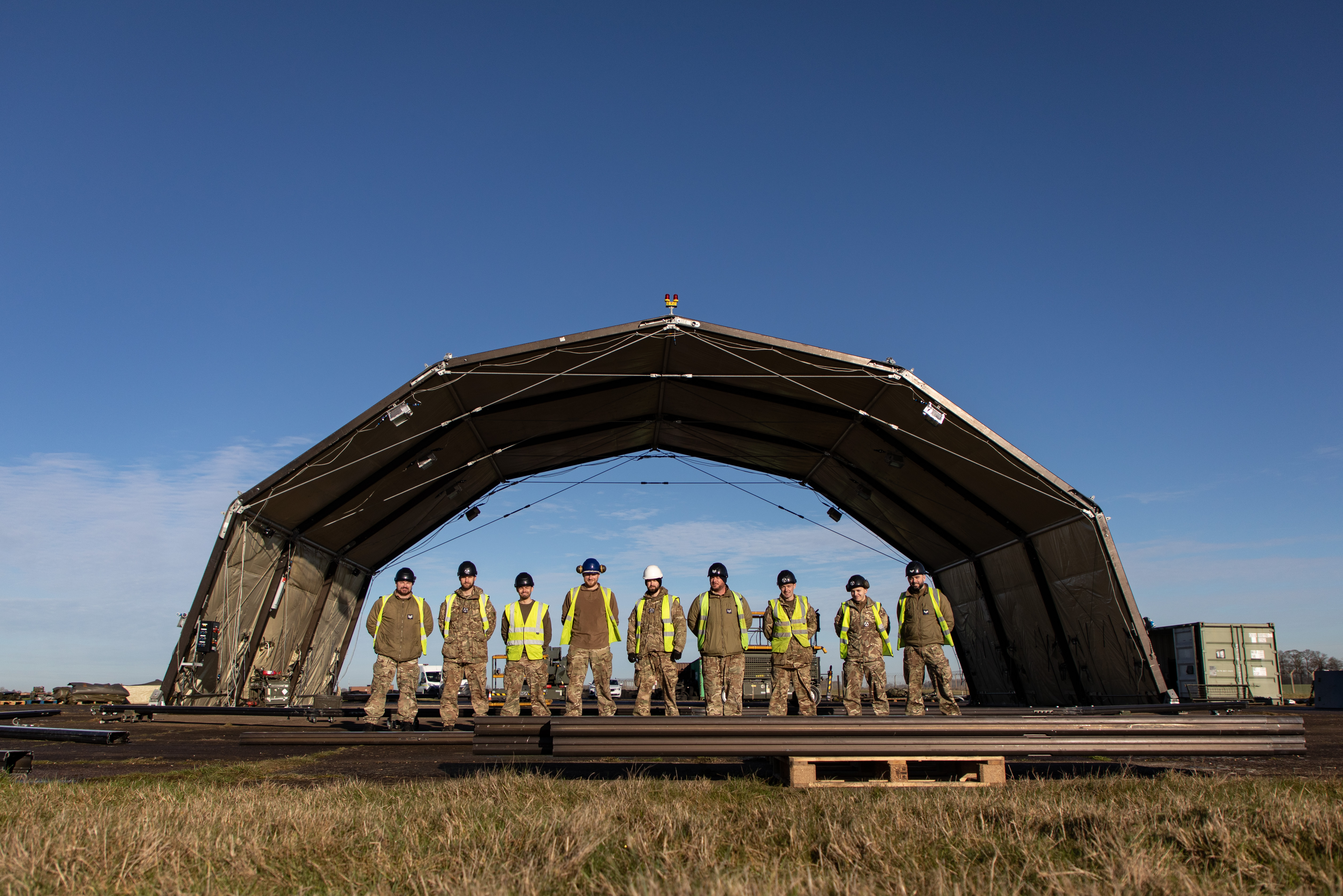 The Expeditionary Airfield Facilities (EAF) Flight from 5001 Squadron, training on a hangar build at RAF Wittering